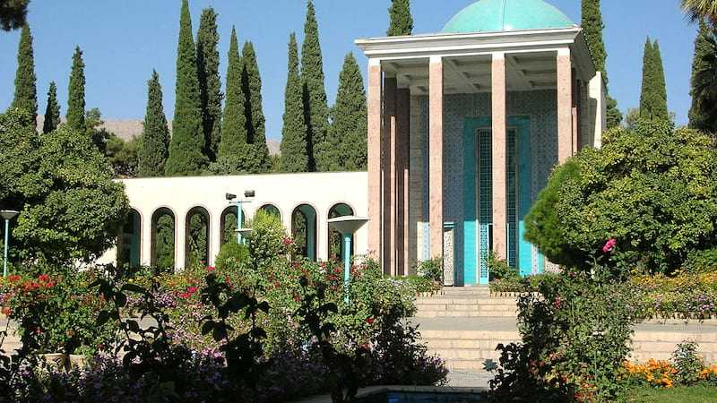 saadi tomb with blue dome in spring weather iranian famous poet in shiraz